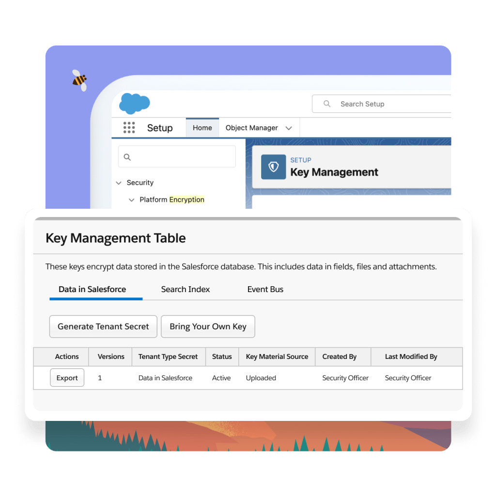 The Set-up page open on a desktop computer with a "Key Management" window open. Trees and a bumble bee in the background.