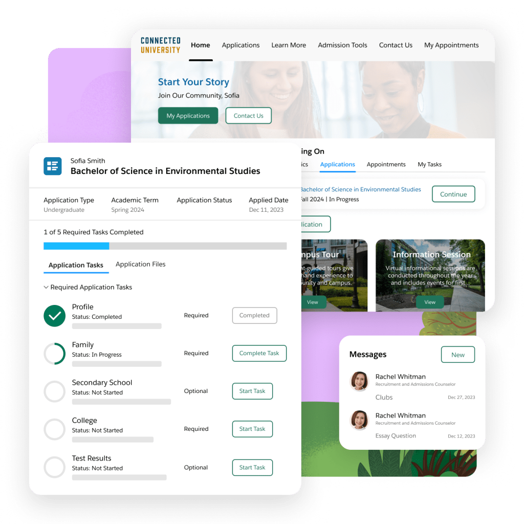 An applicant portal with one place for applicants to see outstanding tasks, connect with counselors, and more.