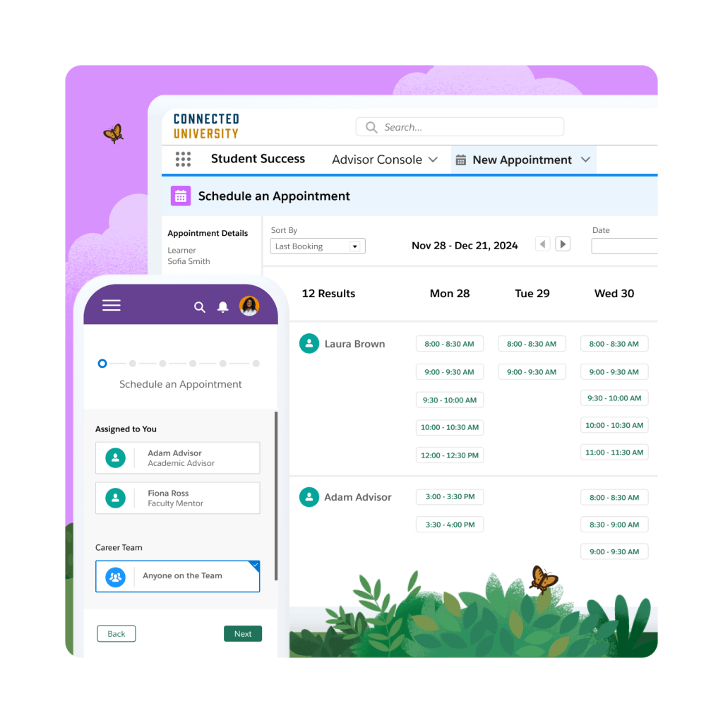 A student profile with an event timeline and details like term start and end dates, care plans, and credits earned.