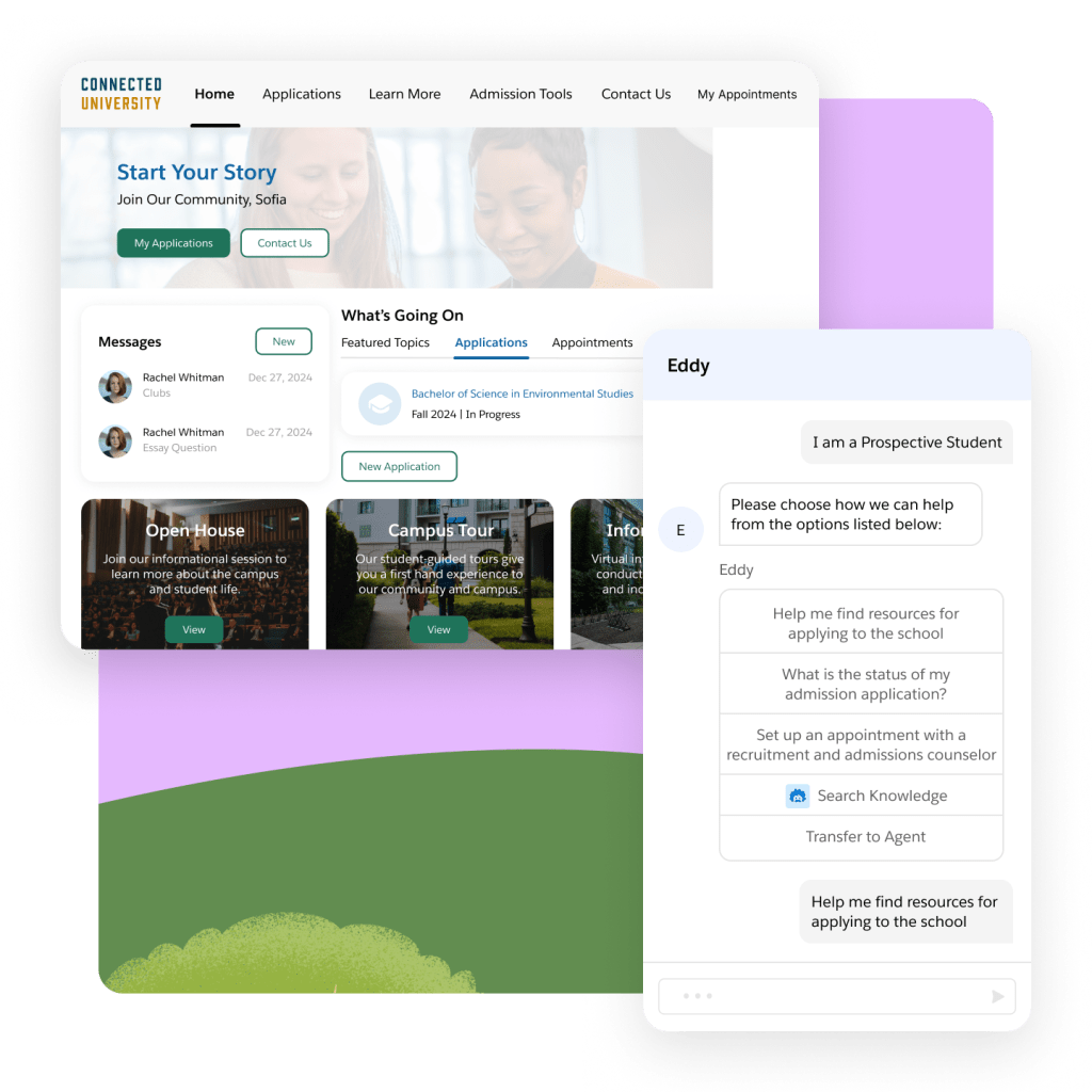 A customized applicant portal with helpful resources and a chatbot for prospective students to ask questions.