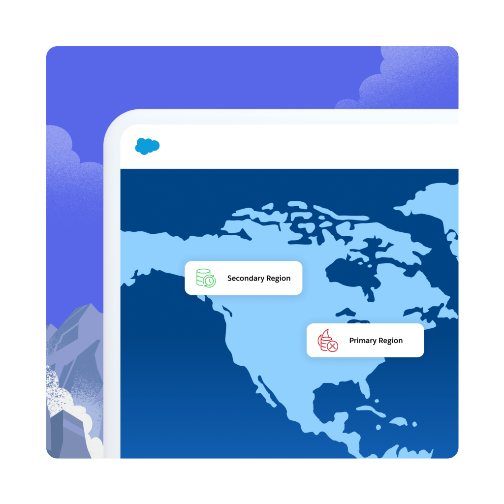 A map of North America showing primary and secondary regions for disaster recovery.