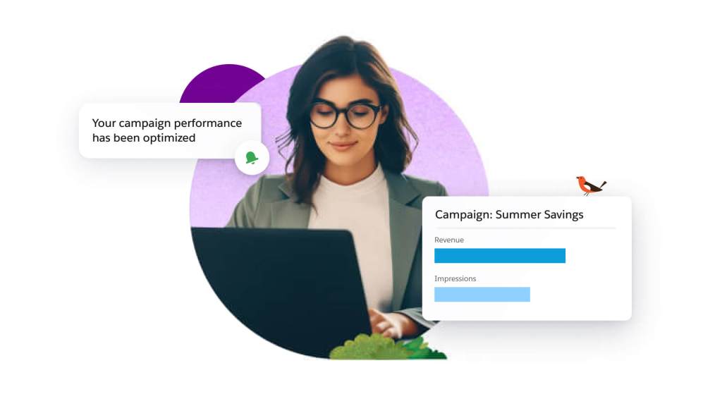 Woman in front of a laptop. Campaign optimization alerts feature in the upper left and bottom right corners.