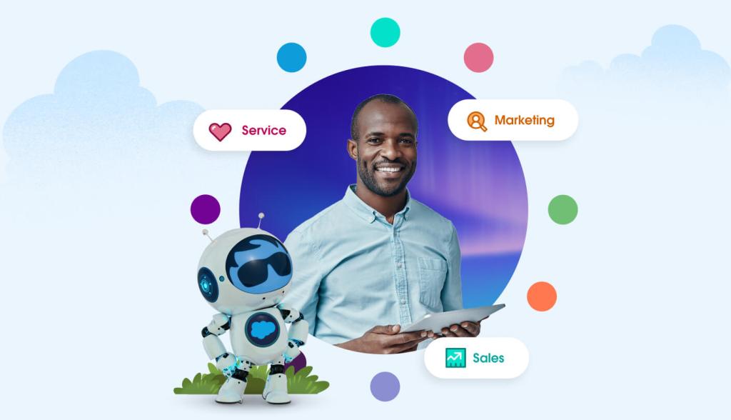 Agent Astro standing beside a wheel diagram representing all of the Customer 360 products.