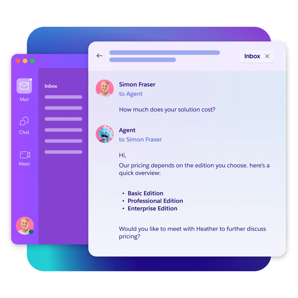 A chat window between a sales customer and a sales AI agent, discussing pricing.