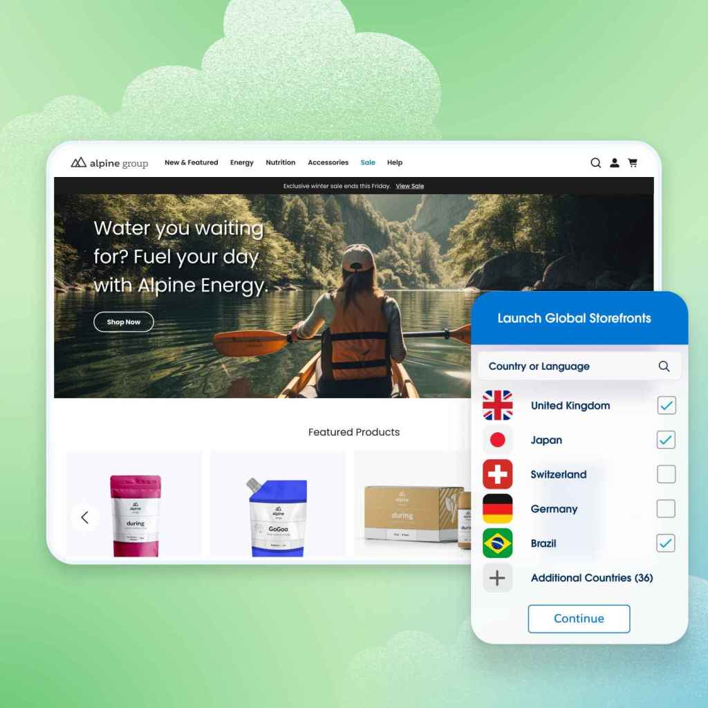 Image of a storefront home page with a background of a woman in a canoe. She's wearing a life vest and holding a paddle. The canoe floats in a river surrounded by trees. Featured Products are shown below. A pop-out that reads Launch Global Storefronts is on the right side.