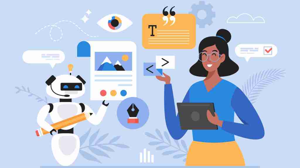 A woman and a virtual agent work together on a project.