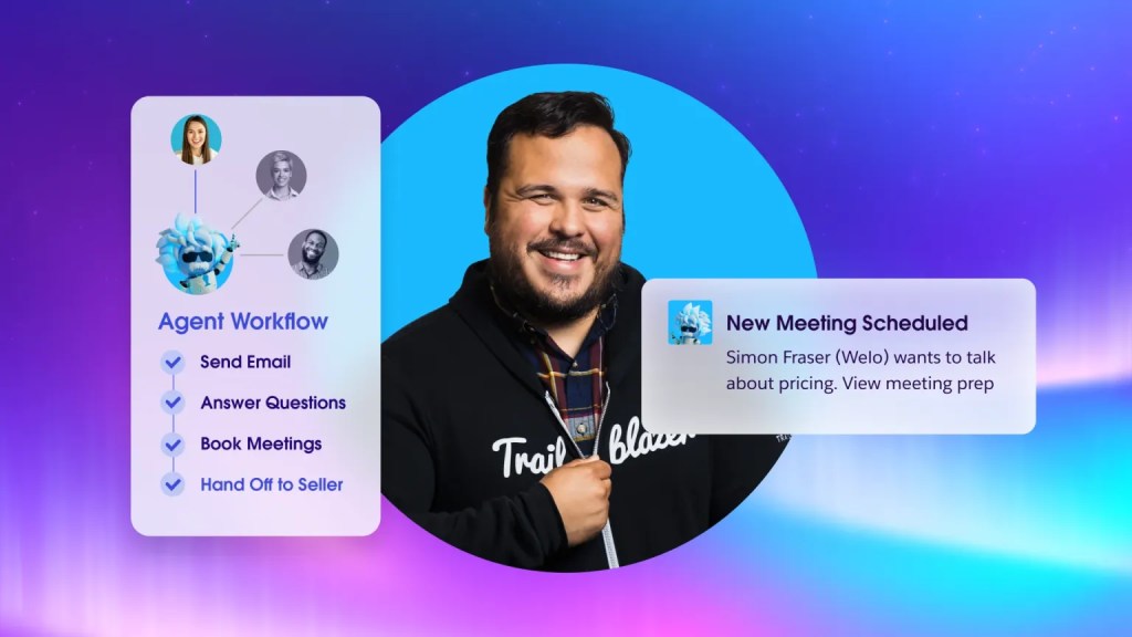 A Trailblazer in hoodie with screen snippets showing an agent workflow and a meeting scheduled by AI.
