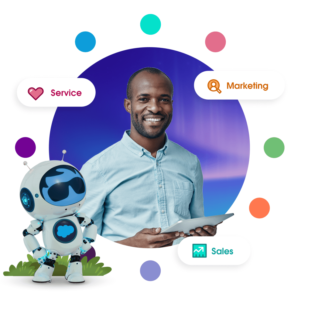 Agent Astro standing beside a wheel diagram representing all of the Customer 360 products.