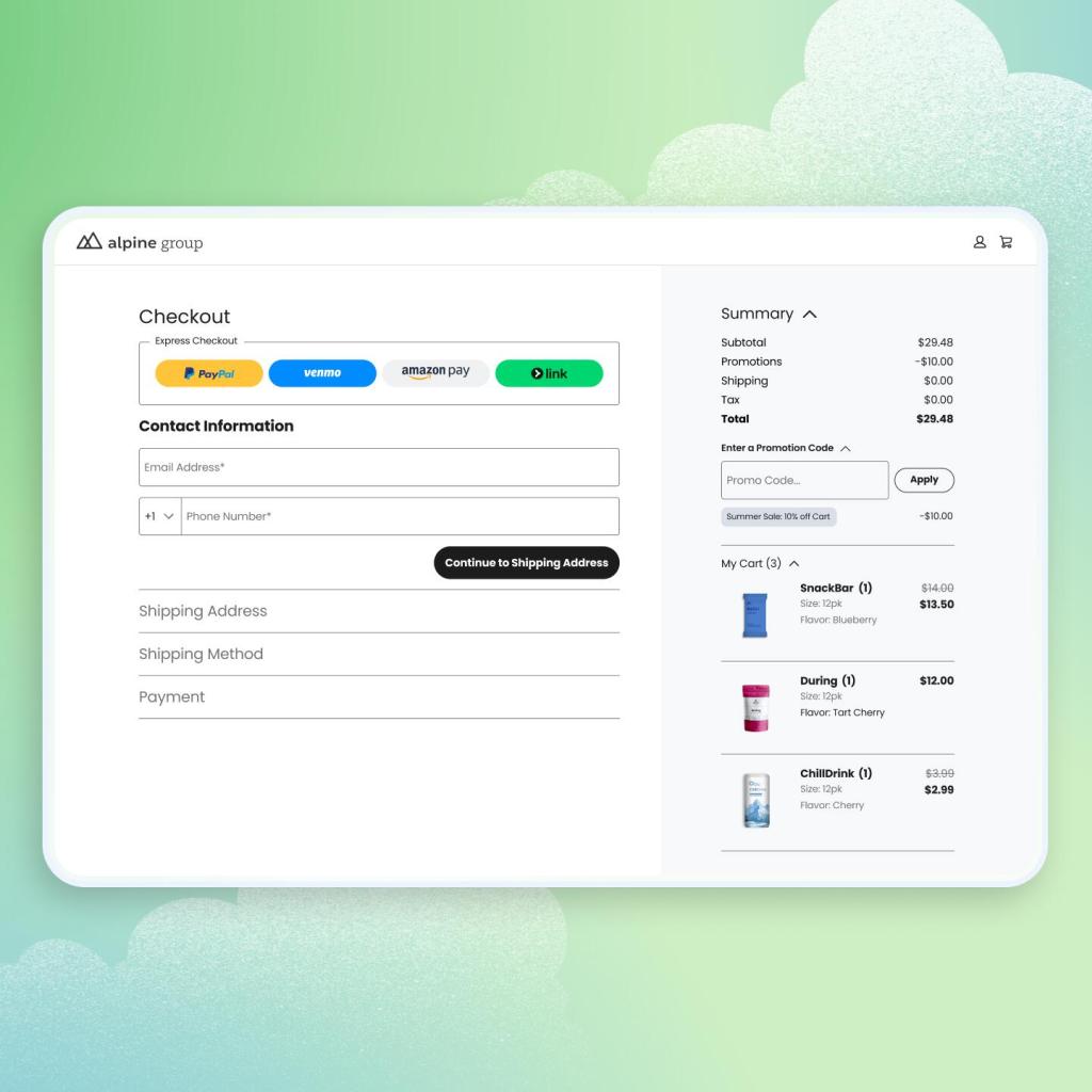 Image of a checkout page with options like Paypal, Venmo, Amazon Pay, and Link. A summary panel is on the right.