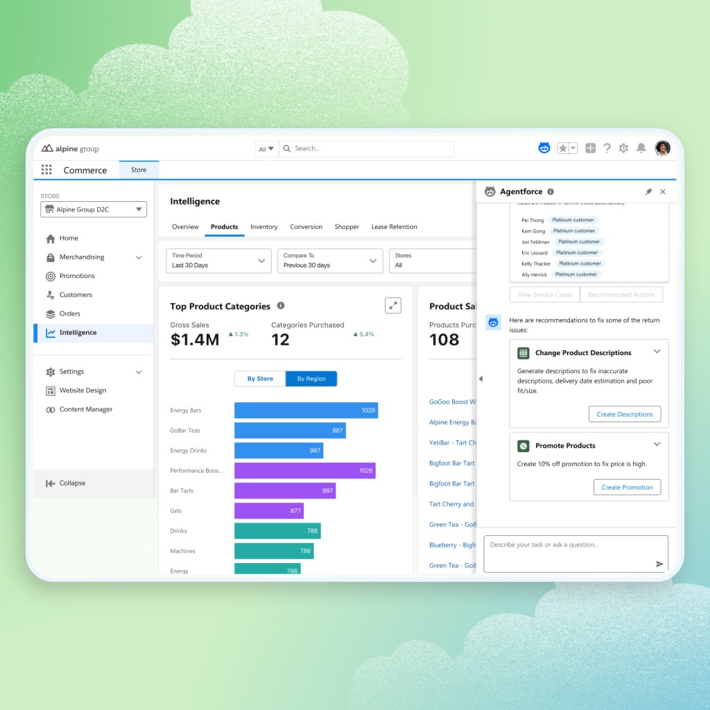 Image of a store's dashboard with the Intelligence tab open. Includes categories like overview, products, inventory, conversion, and more. A pop-out chat window with Agentforce is open on the right.