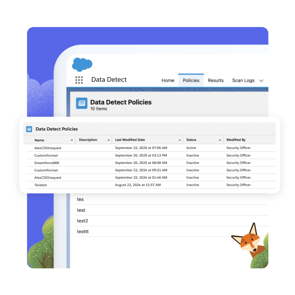 The "Data Detect" page open on a desktop computer with a "Data Detect Policies" window open. An animated fox in the foreground and trees in the background.
