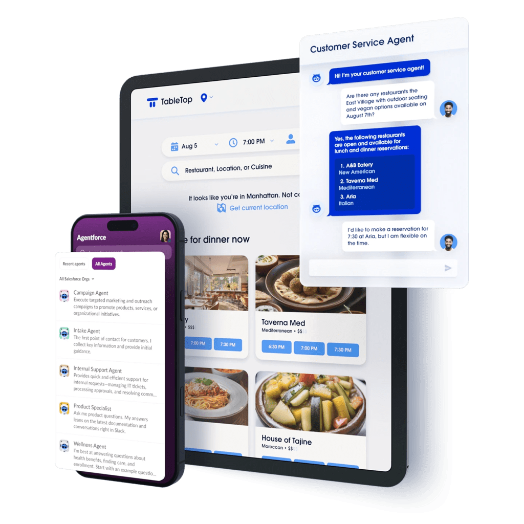 A screen displays restaurant reservations and customer service agent support.