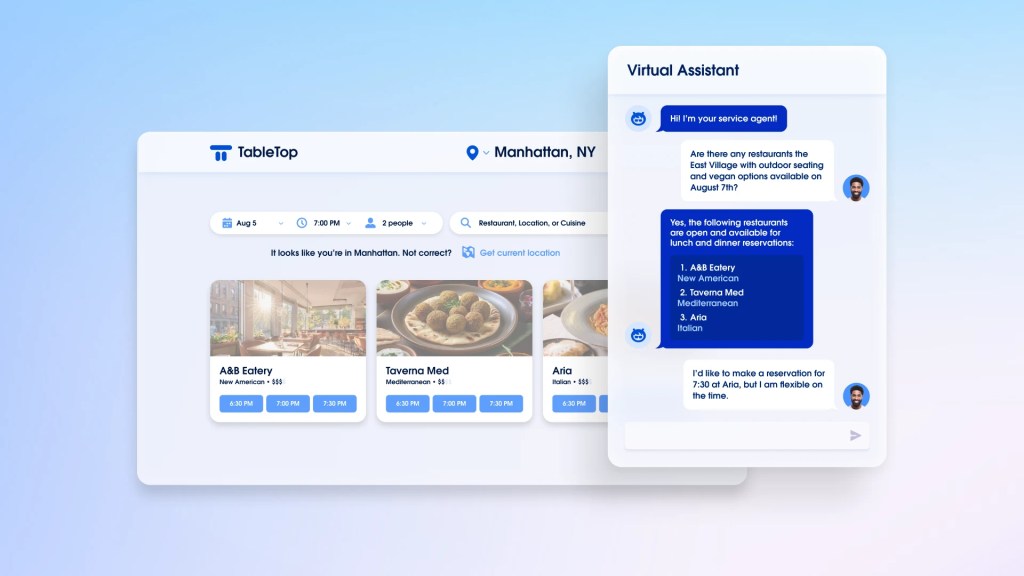 A screen displays a restaurant search app. The ai agent is assisting a person booking their reservation.