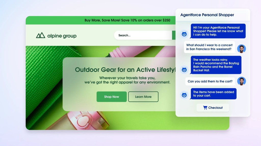 A web page displays conversation with an Agentforce Personal Shopper AI agent.