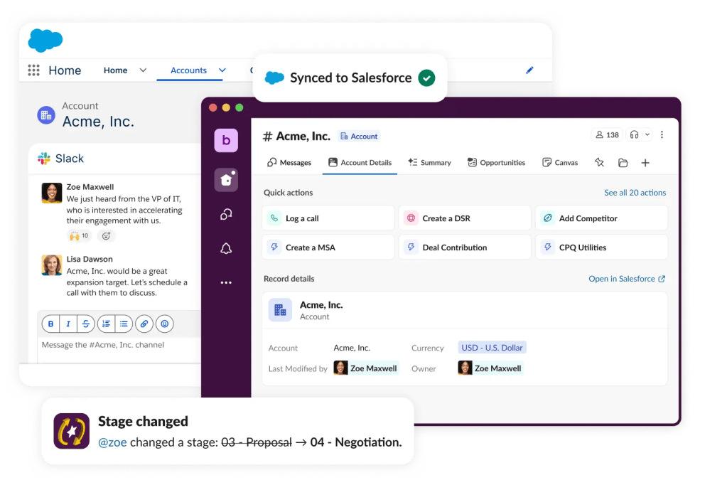 Salesforce account data is shown directly integrated into the Slack app and Slack in the Salesforce user interface, with deal insights, sales notifications, deal updates, and account details all featured.